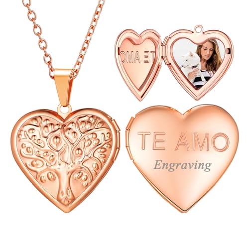 U7 Women Locket Necklace, Heart Photo Lockets Hold Picture, Gift Box Packed | Gold/Silver/Rose Locket Charm, Custom Picture and Engravement Heart Pendant, 20" Chain, Personalized Gift for Mom Wife Friend - color: 04# Rose Gold(Tree of Life)