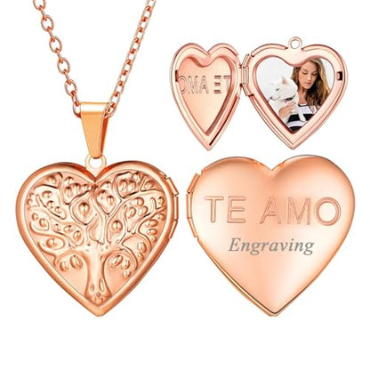 U7 Women Locket Necklace, Heart Photo Lockets Hold Picture, Gift Box Packed | Gold/Silver/Rose Locket Charm, Custom Picture and Engravement Heart Pendant, 20" Chain, Personalized Gift for Mom Wife Friend - color: 04# Rose Gold(Tree of Life)