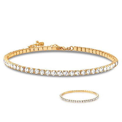 Zealmer 18K Yellow Gold Plated 1-5 Rows Rhinestone Choker Necklace & Stretch Bracelets Set Wedding Jewelry - style: 1 Row