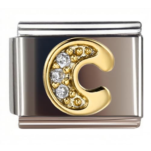 9MM Diamond Golden Letter Charm for Italian Charm Bracelet,DIY Italian Module Chain for Women - style: Letter-C