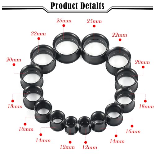 12G-25mm Double Flare Thin Gauges Tunnels Plugs Stretching Kit 316L Surgical Stainless Steel Hollow Gauge Tunnel Plug for Ear 12G 10G 8G 6G 4G 2G 0G 00G 12mm 14mm 16mm 18mm 20mm 22mm 25mm - color: Black Tone, size: 00G(10.0mm)-25mm