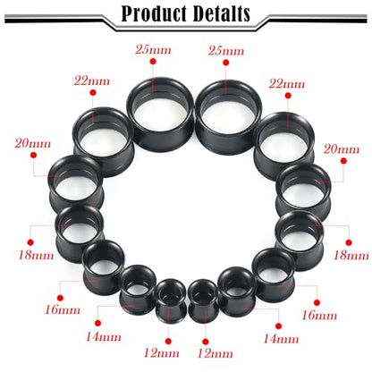 12G-25mm Double Flare Thin Gauges Tunnels Plugs Stretching Kit 316L Surgical Stainless Steel Hollow Gauge Tunnel Plug for Ear 12G 10G 8G 6G 4G 2G 0G 00G 12mm 14mm 16mm 18mm 20mm 22mm 25mm - color: Black Tone, size: 00G(10.0mm)-25mm