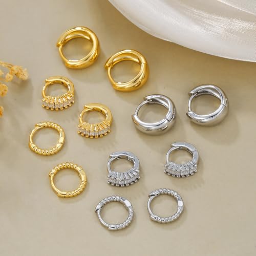 3 Pairs Huggie Hoop Earring Set 18K Gold Plated Cubic Zirconia Cartilage Earrings, Multi Piercings Ear Jacket Earring Climber Stud Earring for Women Everyday Earrings - color: 3 CZ Gold