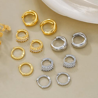 3 Pairs Huggie Hoop Earring Set 18K Gold Plated Cubic Zirconia Cartilage Earrings, Multi Piercings Ear Jacket Earring Climber Stud Earring for Women Everyday Earrings - color: 3 CZ Gold