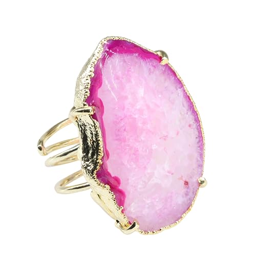Natural Agate Geode Slice Crystal Gemstone Free-Form Stone Ring Gold Electroplated Adjustable Rings for Women stone Size 30-40mm - color: Pink