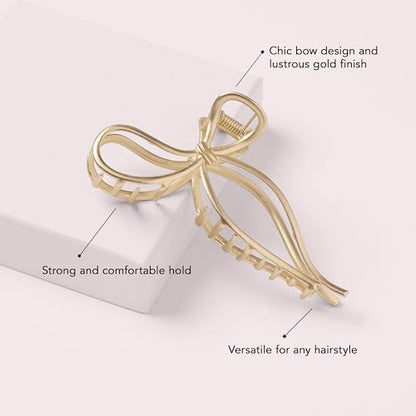 The Hair Edit Gilded Bow Claw Clip Hair Accessories For Women Trendy Gold Hair Clip Stylish Bow Hair Accessory Elegant Gold Metal Hair Clip Ideal Gift For Women Chic Up Dos and Half Up Styles