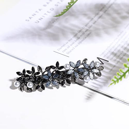 Flower Rhinestone Hair Barrettes for Women Fine Hair Glitter Sparkle Fancy Hair Clips for Women And Girls Elegant Pearl Barrettes (Black&Blue) - color: Black&Blue