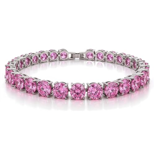 KEZEF Tennis Bracelet for Women, 7mm Round CZ, Silver Plated Brass, 6.5–8 Inch, Fold-Over Clasp - color: Pink CZ, size: 8 Inch