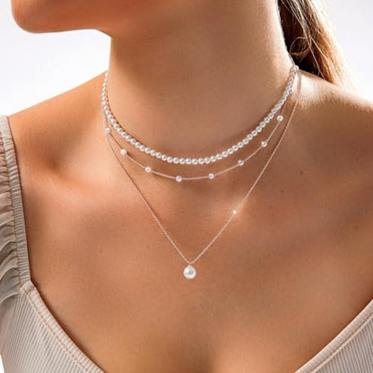 LULII Pearl Necklaces for Women 14K Gold Plated Dainty Layered Single Pearl Necklace Simple Daisy Pearls Choker Cute Gold Necklace Stack Jewelry Sets for Women Trendy Gifts - color: Silver-Layered Pearl