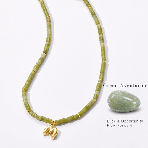 KELORIS PATH Beaded Initial Necklace for Women, 14K Gilded Plated Bubble Letter Pendant Natural Handmade Stone Choker Boho Colorful Summer Beach Jewelry Gift - color: Green Aventurine, style: Letter R