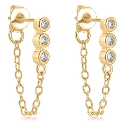 Round Huggie Ear Cuff Gold Earrings for Women | 18K Gold Plated Cubic Zirconia Sparkling | Clip On Cartilage| Simulated Diamond Bezel-Set CZ Huggie Hoop Earrings - color: Drop Chain - Yellow Gold
