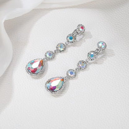 EleQueen Women's Wedding Crystal Teardrop Pear Shape 3 Inch Clip on Long Dangle Earrings for Bride Bridesmaid, Jewelry for Party Prom/Anniversary - color: AB Iridescent Silver-Tone