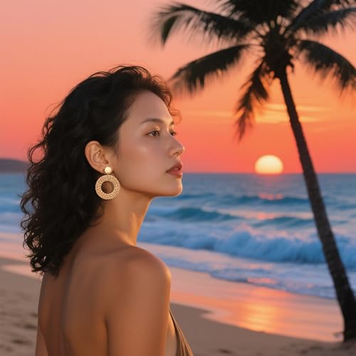 Raffia Hoop Earrings for Women Fun Boho Summer Beach Earrings Lightweight Handmade Straw Wicker Rattan Dangle Earrings Statement Geometric Round Drop Earrings - color: Set - Round
