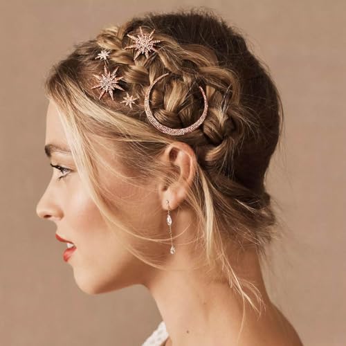 BARTOSI Moon Star Hair Clips Rose Gold Rhinestone Hair Pins Crystal Bobby Pins Bride Wedding Celestial Hair Accessories for Women and Girls (Pack of 3) - color: Rose Gold