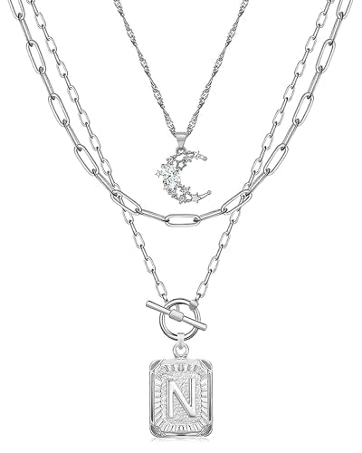 MJartoria Layered Initial Necklaces for Women Trendy, 14K Gold Plated Brass Simple Moon Choker Square Letter Pendant Necklace, Paperclip Chain Necklaces Jewelry Gifts - color: Silver, style: N