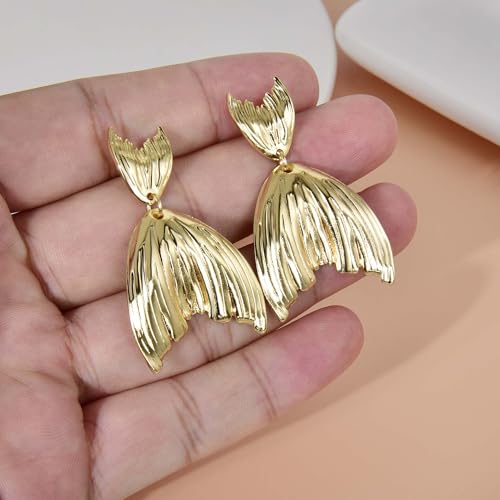 Large Geometric Drop Dangle Earrings for Women Pearl Teardrop Disc Rectangle Oval Fishtail Shell Shaped Textured Dangle Studs Earrings for Women - color: Gold-Fishtail