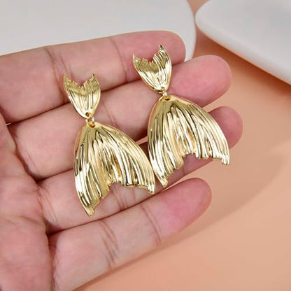 Large Geometric Drop Dangle Earrings for Women Pearl Teardrop Disc Rectangle Oval Fishtail Shell Shaped Textured Dangle Studs Earrings for Women - color: Gold-Fishtail