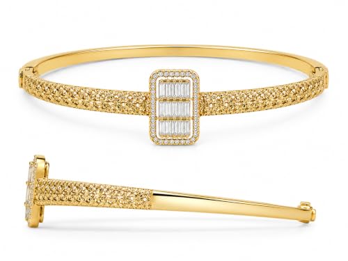 Diva Charm Gold Crystal Bangle Bracelet for Women, Stainless Steel Hinged Cuff Bracelet with Baguette Cubic Zirconia, Elegant Statement Jewellery