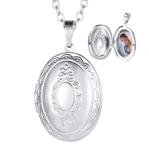 U7 Custom Photo Locket Necklace - Oval & Heart Shaped Locket - Gold/Silver/Rose Gold Personalized Image Necklaces for Women - color: 01-Oval Platinum, style: a. locket only