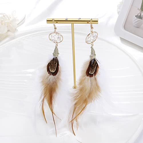 Bohemian Pheasant Peacock Long Feathers Statement Earrings Handmade Natural Lightweight Feather Dangle Earrings for Women (ea000071) - color: Dreamcatcher Brown