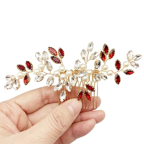 Pearl Crystal Hair Comb Bridal Rhinestone Gold Vine Hair Piece Accessories for Wedding Women (Red-2) - color: Red-2