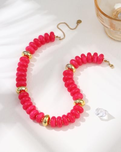 FIRAZIO Colorful Chunky Beaded Necklaces for Women | Trendy Statement Necklace Choker Necklace Boho Summer Beach Vacation Jewelry Gift - color: Rose Red Beaded