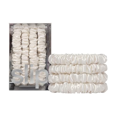 Slip Silk Hair Ties — Skinny Silk White Scrunchies, No Damage, No Crease, Anti-Breakage |100% Mulberry Silk | All Hair Types | Made with Proprietary Slipsilk™ | Set of 4 - color: White