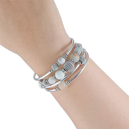 PEARL&CLUB Beaded Chakra Bangle Turquoise Bracelet - Fashion Jewelry Wrap Bracelet with Thick Silver Metal and Mala Beads, Birthday Gifts For Women - color: Green