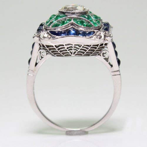 Yuren 925 Sterling Silver Vintage Emerald Ring Blue Sapphire White Topaz Ring Women Wedding Fashion Jewelry Size 6-10