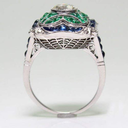 Yuren 925 Sterling Silver Vintage Emerald Ring Blue Sapphire White Topaz Ring Women Wedding Fashion Jewelry Size 6-10