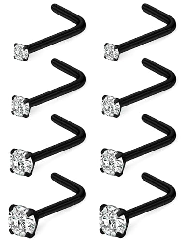 Hoeudjo Hypoallergenic Nose Rings Studs 24G Surgical Stainless Steel Cubic Zirconia Nose Studs for Women Men Screw & Bone & L Shaped Nostril Piercing Jewelry with 1.5mm 2mm 2.5mm 3mm CZ - color: black,L-shaped nose studs