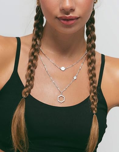 UBGICIG Honeycomb Layered Necklaces for Women Stackable, Dainty Layering Pendant Necklace Non Tarnish, Trendy 16K Plated Silver Gold Necklace Stack Chain Women's Fashion Jewelry - color: Layered Honeycomb-Silver Color