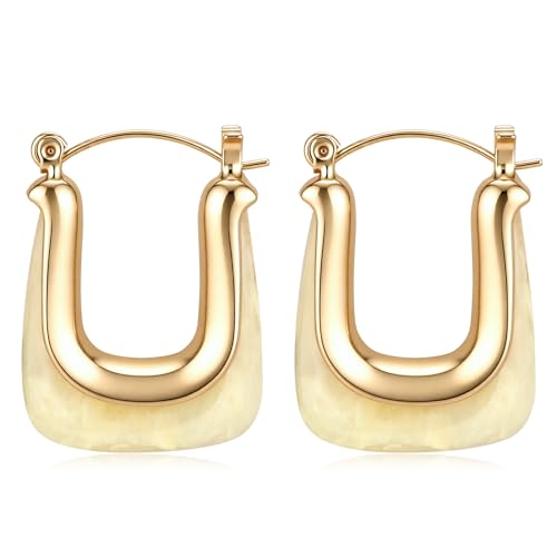 Chunky Gold Boho Hoop Dangle Earrings for Women Gold Plated Hypoallergenic Vintage Stainless Steel Resin Drop Prom Earrings Summer Prom Maximalist Jewelry Gift - color: Rectangle/White