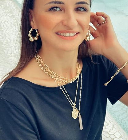 Aobei Pearl 18K Gold Plated Paperclip Chain Choker Satellite Chain Freshwater Cultured Biwa Pearl Pendant Necklace Dainty Turquoise Jewelry for Women - color: 18K Gold Plated OI Chain