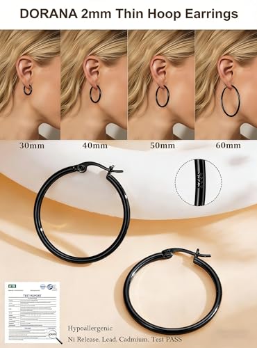2mm Thin 14K Gold Plated Large S925 Sterling Silver Hoop Earrings for Women Hypoallergenic Big Hoop Non Tarnish Earrings Lightweight 20/30/40/50/60/70mm - color: Black-30mm