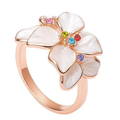 18K Rose Gold Plated Flower Ring, Iridescent Mother of Pearl & Rainbow CZ Petals, Elegant Floral Cocktail Statement Ring R79