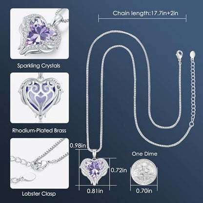 CDE Angel Wings Heart Birthstone Pendant Necklace Gift for Women | Silver/Gold Tone,Ideal Birthday & Anniversary Jewelry Gift for Wife,Girlfriend,Her - color: White-06-Alexandrite Light Purple Birthstone
