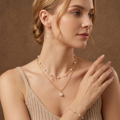 Yuanchu Gold Jewelry Set, Gold Copper Plated Pearl Necklace and Earring Set, Dainty Layered Choker, Adjustable Bracelet, Wedding Jewelry Sets for Brides