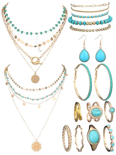 Inbagi Maitys 15 Pcs Halloween Jewelry Women Chain Necklace Bracelet Stud Earrings Hoops Bracelet Big Circle Earring Rings Set - style: Gold Turquoise