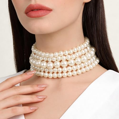 Yolev 5 Layers Boho Round Imitation Pearl Choker Necklace Vintage Multi Strands Pearl Collar Pearl Choker Necklaces for Women Bridal Wedding 20s Flapper Themed Party