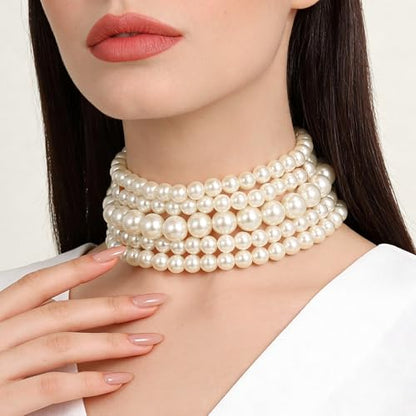 Yolev 5 Layers Boho Round Imitation Pearl Choker Necklace Vintage Multi Strands Pearl Collar Pearl Choker Necklaces for Women Bridal Wedding 20s Flapper Themed Party