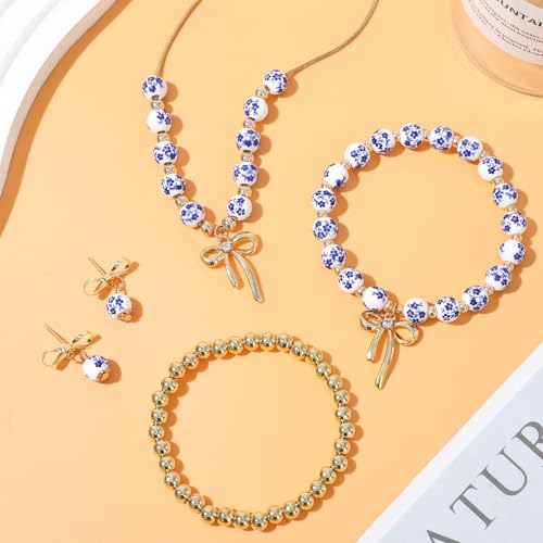 NEWITIN 2 Pieces Summer Beach Jewelry for Women Chunky Beaded Necklace Bracelet Trendy Big Resin Beaded Choker Boho Charm Statement Colorful Jewelry Set for Women - color: Gold Bow A