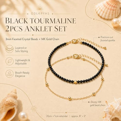 2Pcs Beaded Anklets for Women, Natural Stone Bead Ankle Bracelets with 14K Gold Plated Chain, Waterproof Adjustable Layered Anklet Set, Boho Beach Summer Jewelry Gift - color: Black Tourmaline