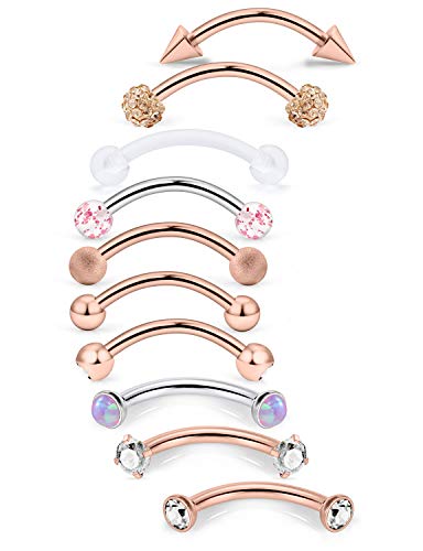 Jenxnjsjo 16g 6/8/10mm Eyebrow/Rook/Snug/Vertical-Labret/VCH/Snake-Eyes/Anti-Tragus/Christina/Daith/Belly-Button/Bridge/Hood/Surface Curved Barbell Piercing Jewelry for Women Men - color: 10PCS, Rose-Gold, size: 8mm