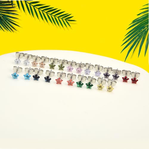 12 Pairs Surgical Stainless Steel Stud Earring Round Heart Star Square Cubic Zirconia Birthstone Stud Earrings Set for Women - color: Silver star 5mm