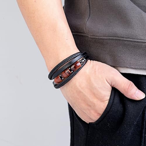 Mens Tiger Eye Leather Bracelet, Natural Tiger Eye Stone Multi-Layer Braided Cuff Bracelets for Men, Stainless Steel with Buckle Memorial Bangle Gifts for Him - color: Black4