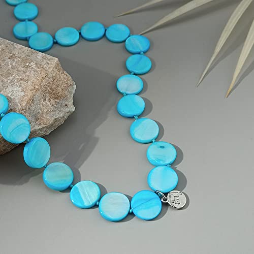 Firstmeet Flat Round Coin Shell Beads Long Knotted Necklace Natural Mother of Pearl Handmade Jewelry For Women - color: Blue