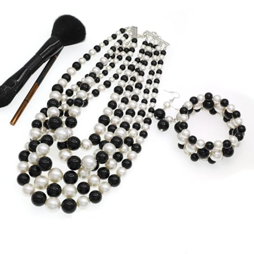 Faux Big Pearl Srand Necklaces for Women 5 Layers Pearls Choker Bib Collar Necklace Bracelet and Earrings set 1920s Costume Pearl Jewelry Bridal Wedding - color: black white