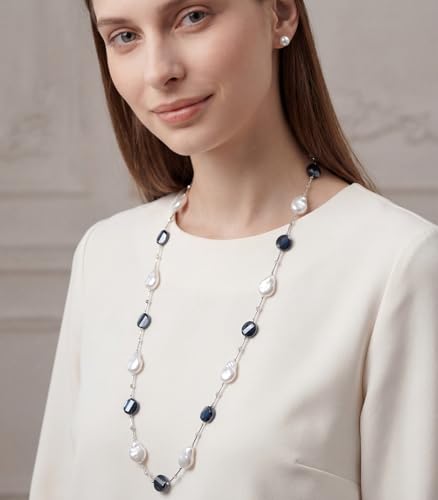 Errally Long Pearl Necklace and Earring Set Layered Pearl Beaded Necklaces for Women White Costume Jewelry Sets Gifts for Mom - color: 14-Navy Blue