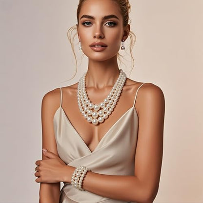 KOSMOS-LI Women's 3 Layer Simulated Pearl Statement 18" Necklace Bracelet and Earrings Jewelry Set Stocking Stuffers - color: ivory